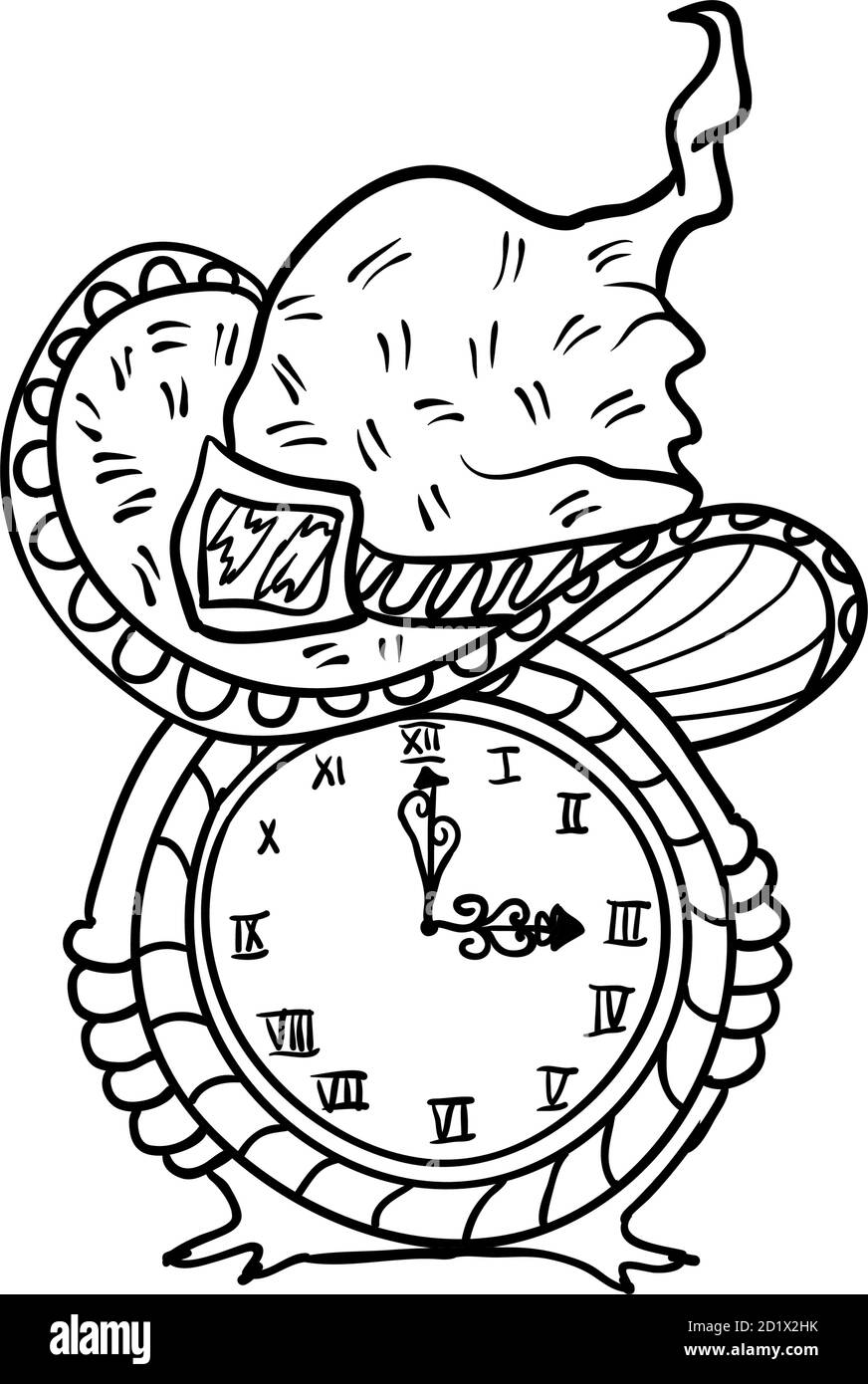 Sombrero de bruja y reloj fideos de halloween ilustraciãn vectorial aislada en tilo de dibujo de contorno o contorno para colorear diseão de pãginas de libro imagen vector de stock