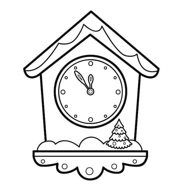 Libro de colorear de navidad o pãgina para niãos ilustraciãn de vector de reloj blanco y negro vector premium