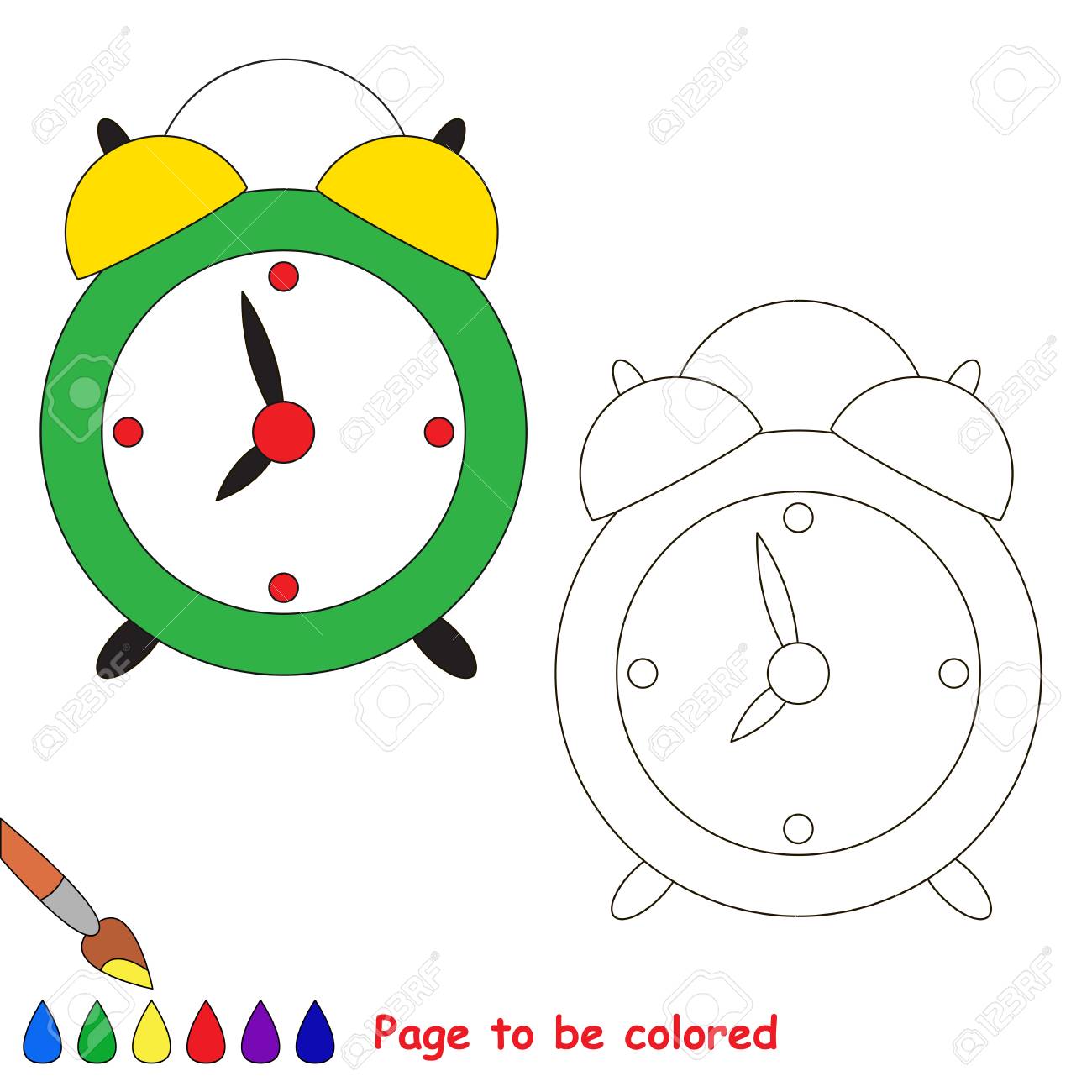 Green clock to be colored the coloring book to educate preschool kids with easy kid educational gaming and primary education of simple game level of difficulty royalty free svg cliparts vectors and