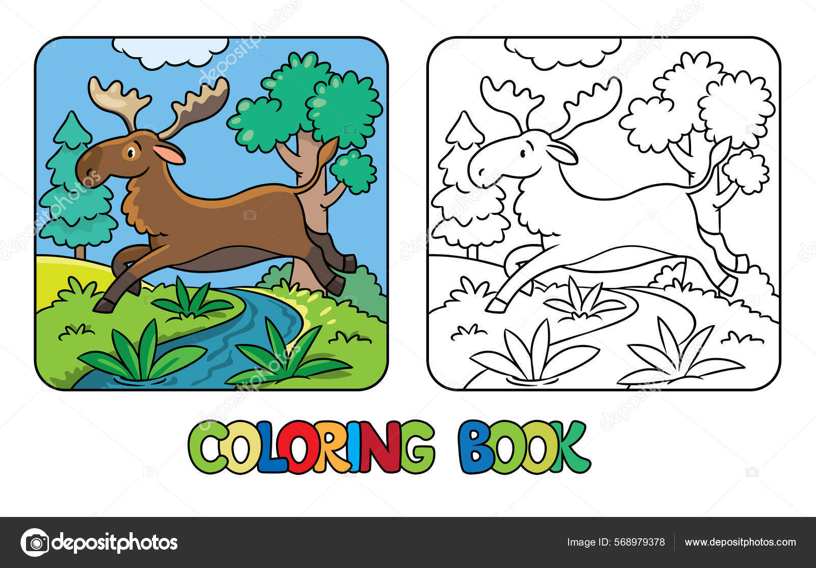 Funny moose jumping river coloring book children vector illustration grafika wektorowa od passengerz