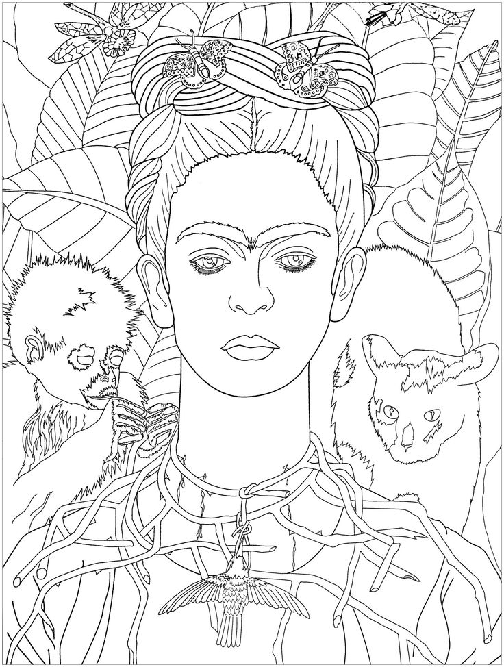 Frida kahlos self portrait with necklace of thorns from the gallery art famous art coloring art pages coloring book pages