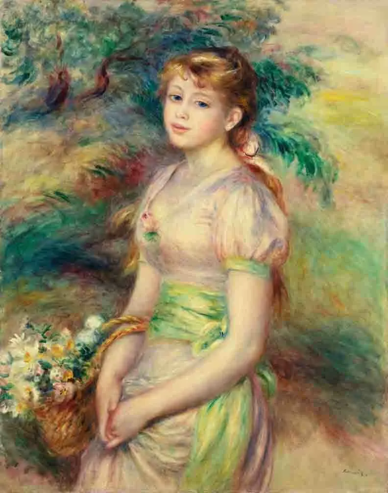 Pierre auguste renoir young girl with a basket of flowers canvas print