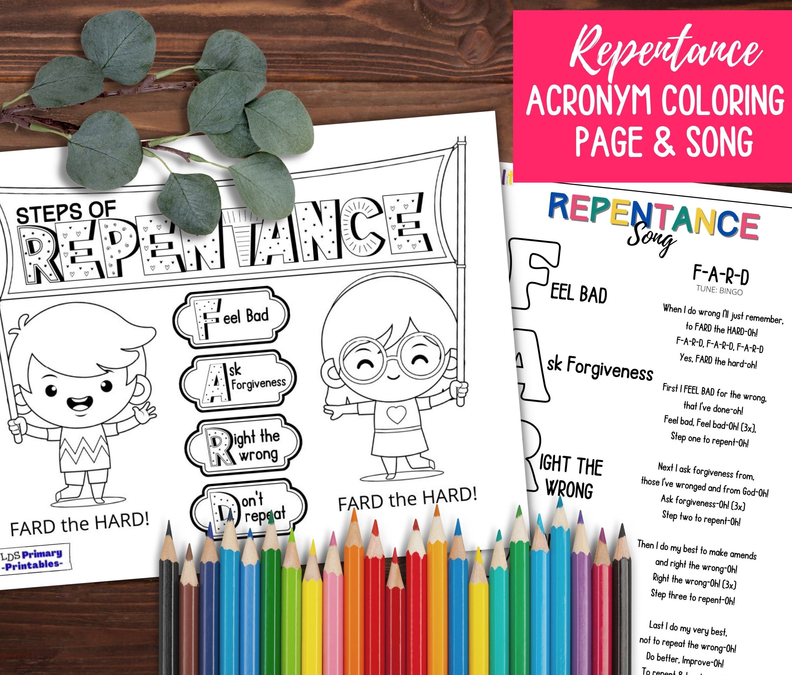 Repentance activity bundle matching coloring page scriptures trace color key guides repentance kids printable e follow me instant download