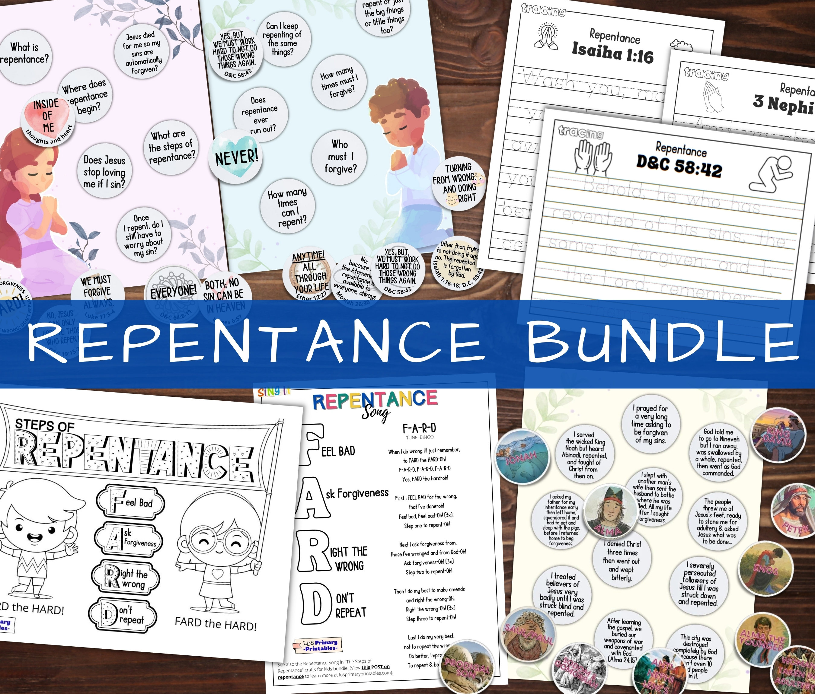 Repentance activity bundle matching coloring page scriptures trace color key guides repentance kids printable e follow me instant download