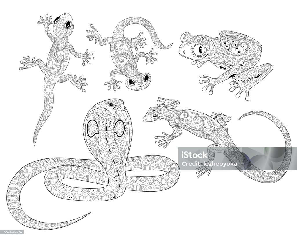 Coloring page with reptiles in patterned style stock illustration