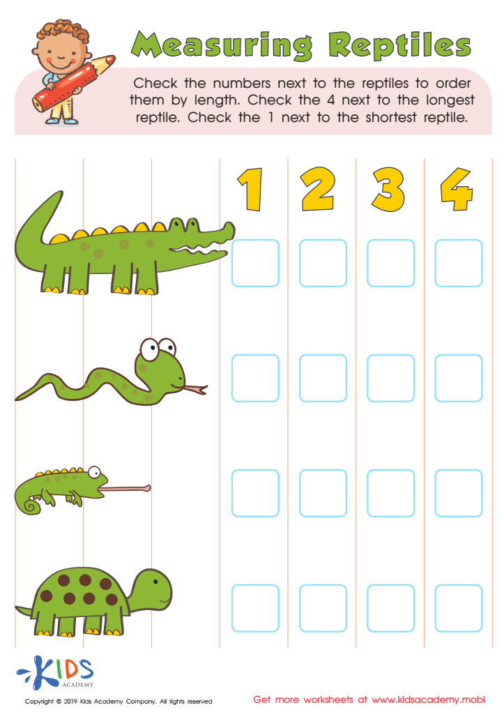 Measuring reptiles worksheet for kids