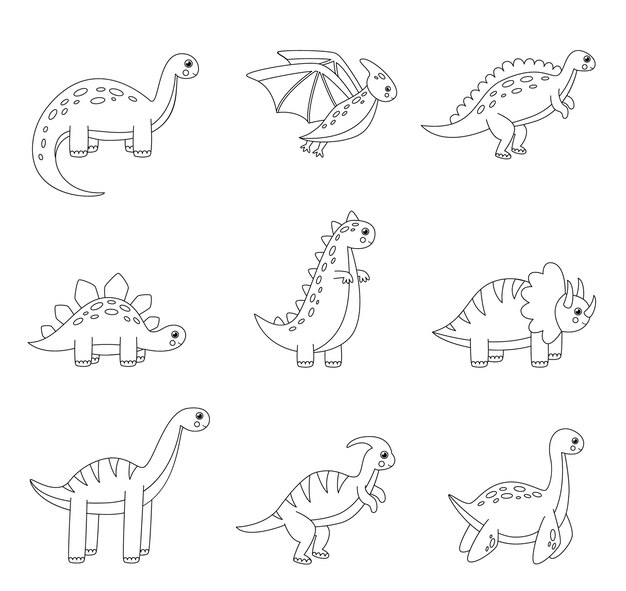 Premium vector coloring page with cartoon dinosaurs set of black and white reptiles