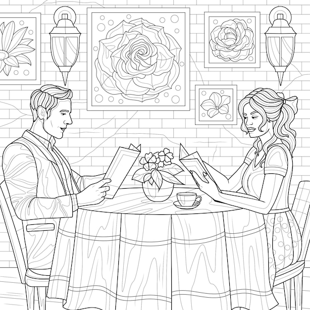 Premium vector guy and girl in a restaurantcoloring book antistress for children and adults