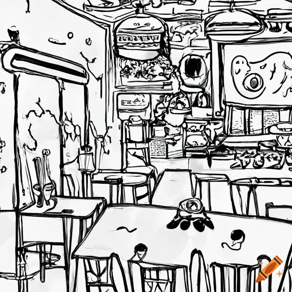 Coloring page of a restaurant scene on
