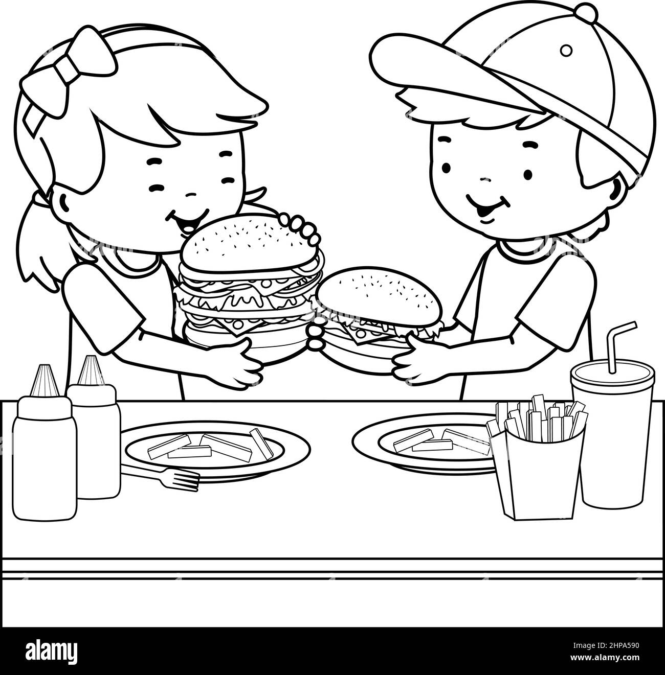 Children at a restaurant eating hamburgers vector black and white coloring page stock vector image art
