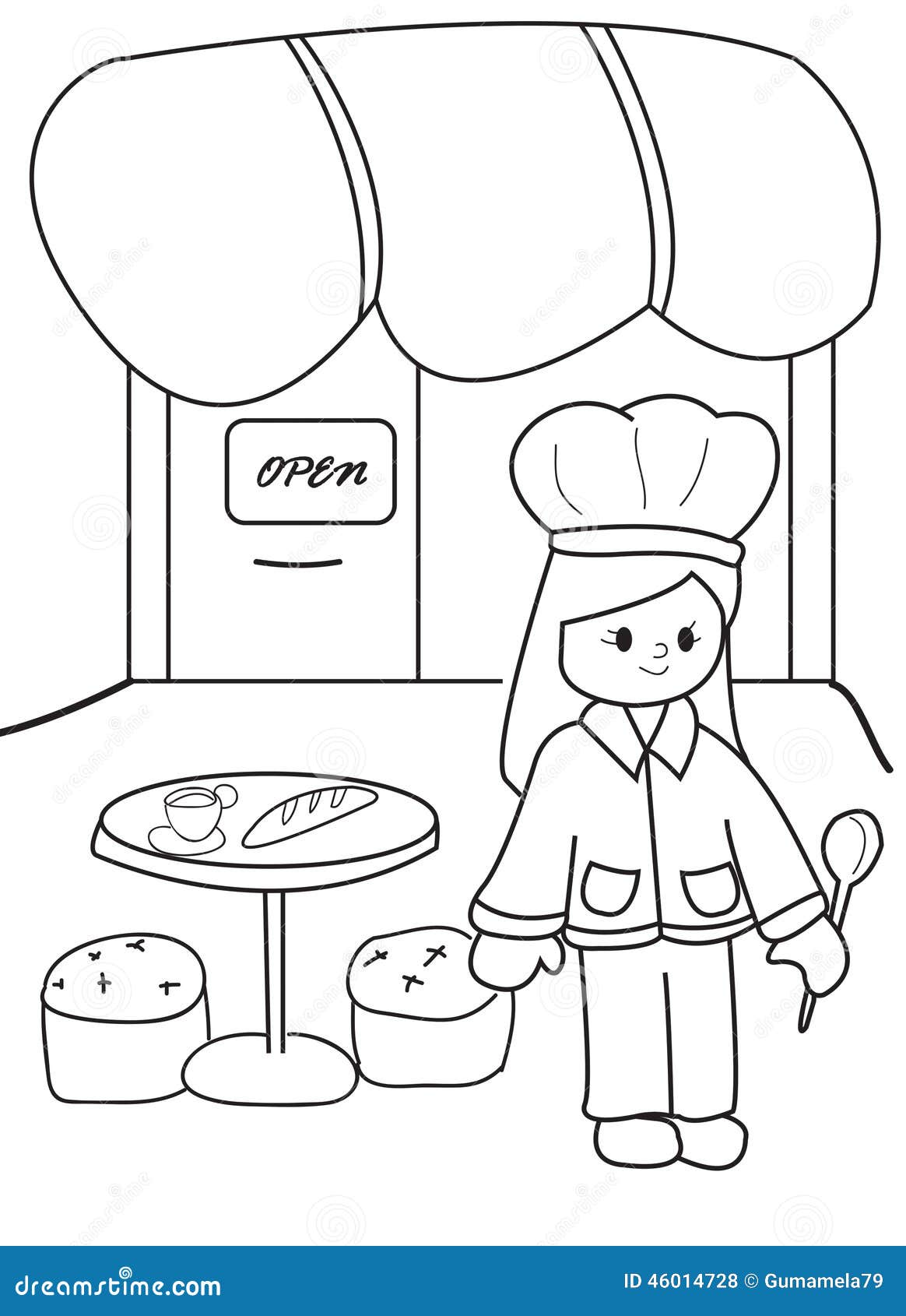 Hand drawn coloring page of a chef at her restaurant stock illustration
