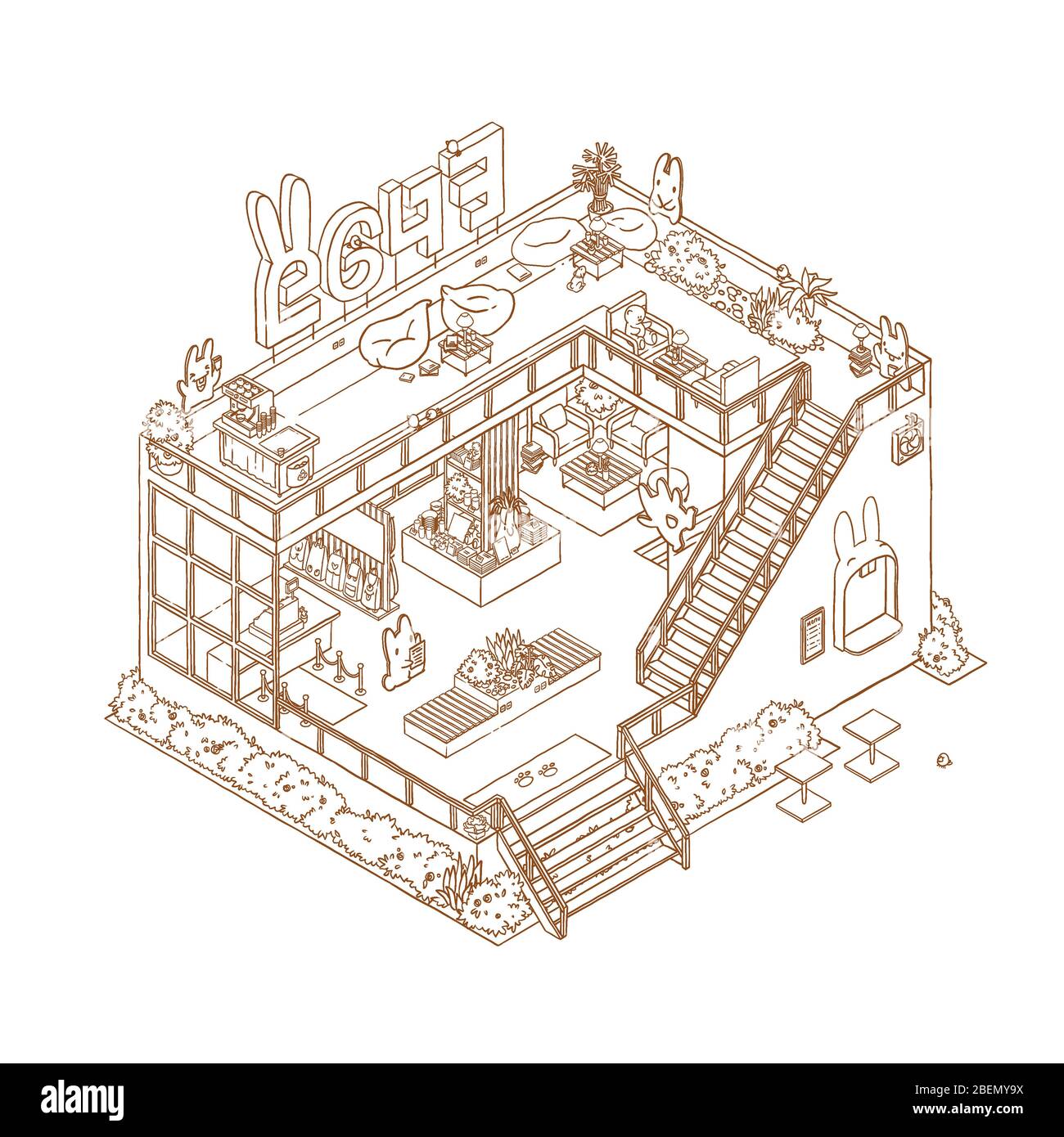 Isometric outline cafe interior cartoon coloring book page of d restaurant inside stock photo