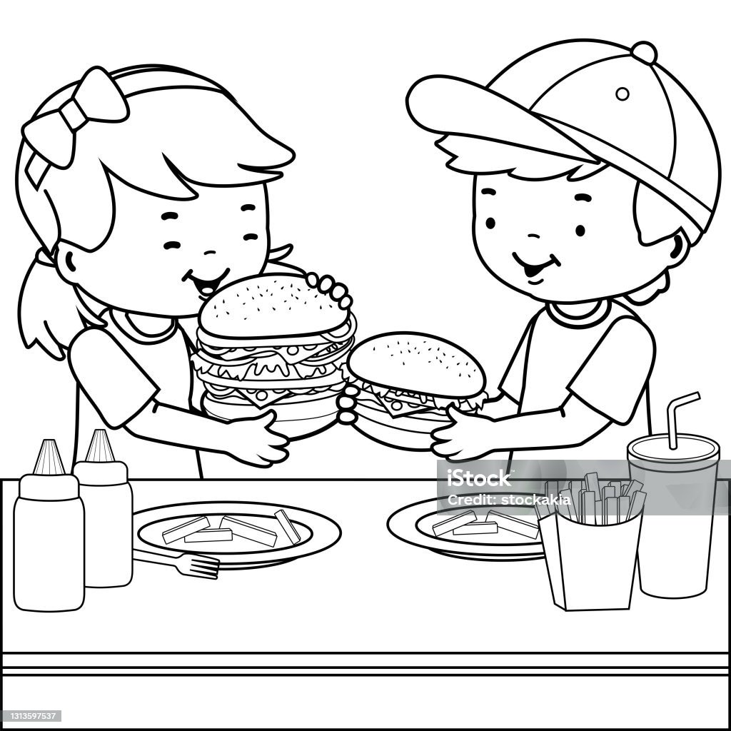 Children at a restaurant eating hamburgers vector black and white coloring page stock illustration