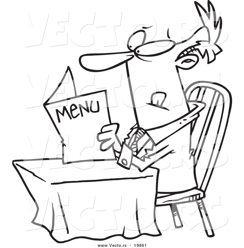 R of a cartoon businessman reading a diner menu