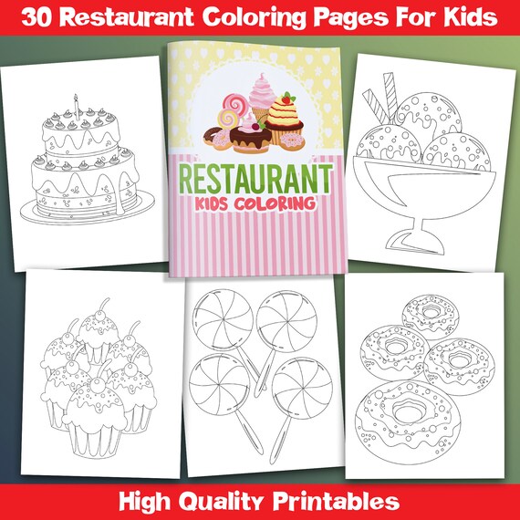 Best value restaurant kids coloring book pages instant download delicious desserts sweet treats with cakes ice cream and more