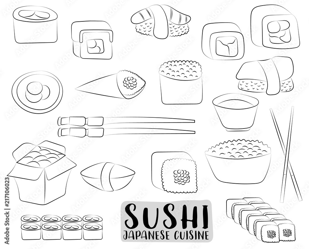 Sushi and rolls set japanese cuisine concept asian restaurant menu or advertisement black and white outline coloring page kids game vector illustration vector