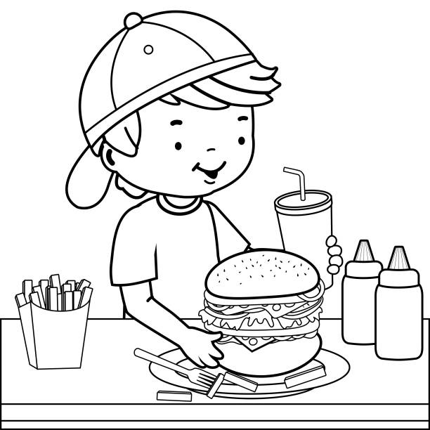 Boy eating a hamburger at a restaurant vector black and white coloring page stock illustration