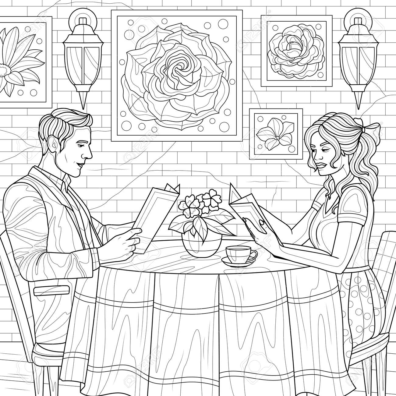 Guy and girl in a restaurantcoloring book antistress for children and adults royalty free svg cliparts vectors and stock illustration image