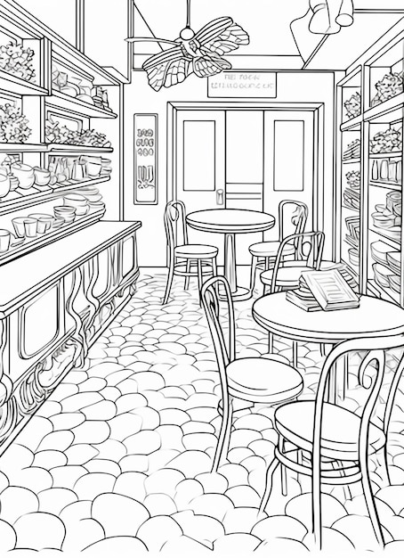 Premium ai image coloring pages of a restaurant with a table and chairs generative ai