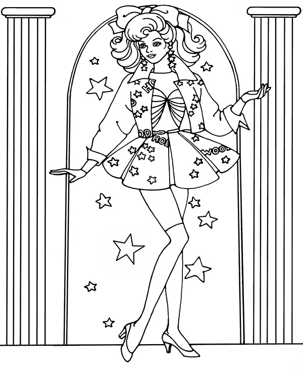 Retro coloring page for girls presenting barbie