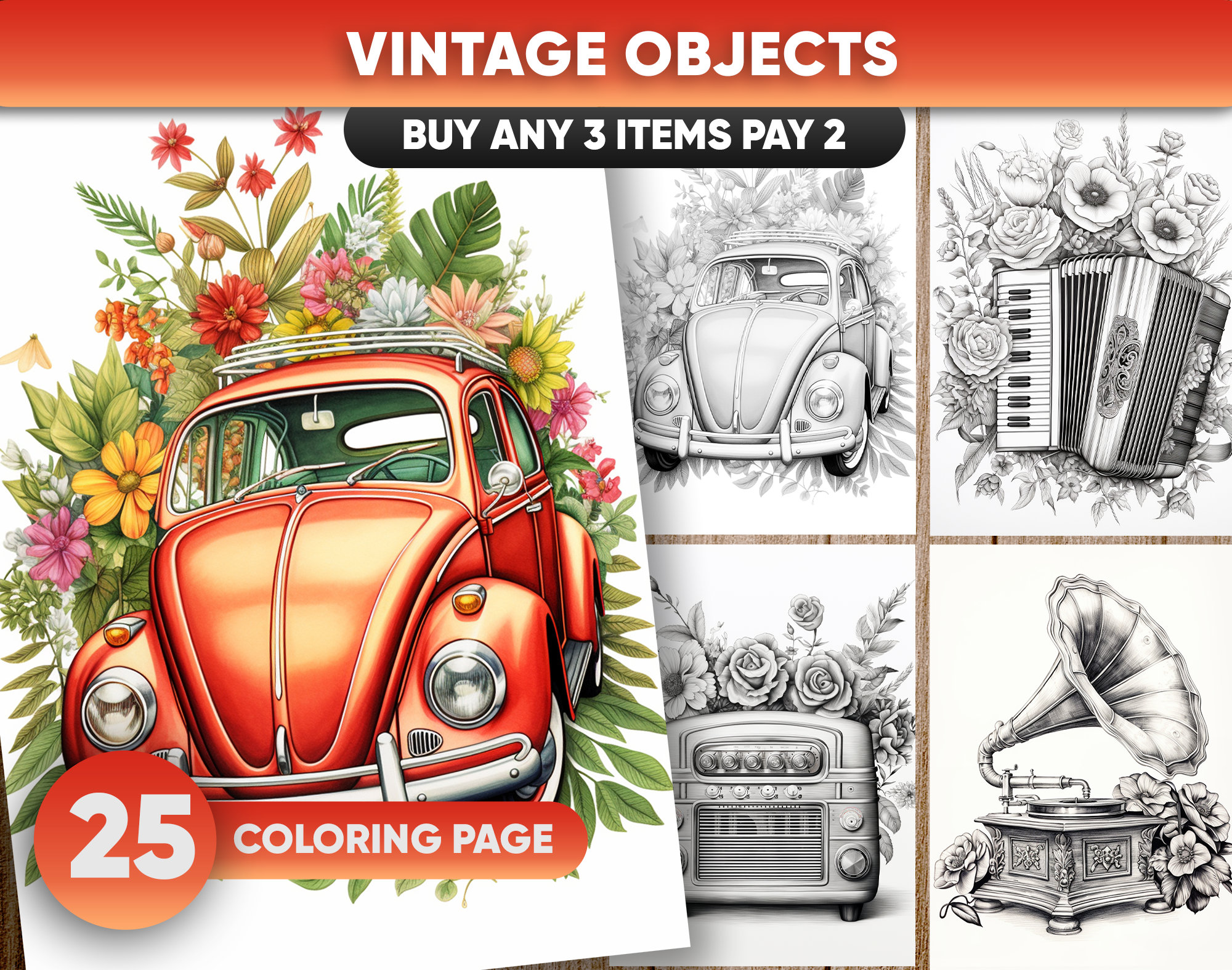 Retro vintage objects coloring page adults kids