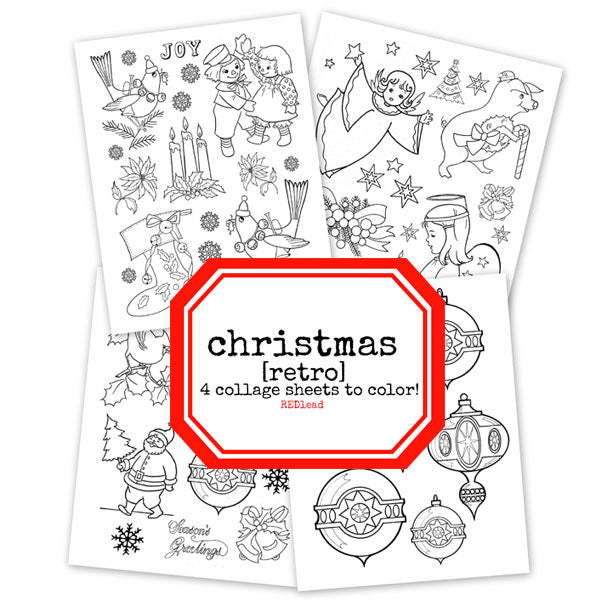 Retro christmas coloring pages collage sheets