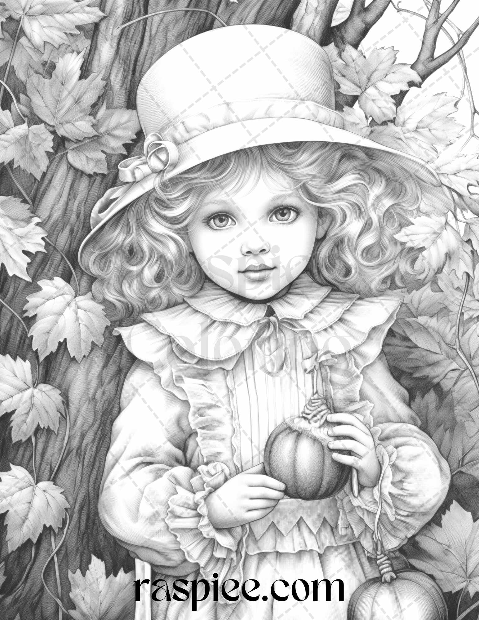 Vintage autumn adorable girls grayscale coloring pages for adults â coloring