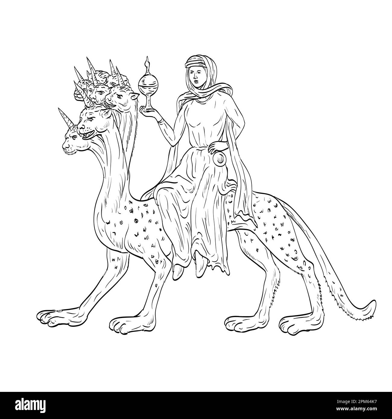 Line art drawing illustration of babylon the great mother of harlots whore of babylon riding seven headed monster in the book of revelation in the bi stock photo