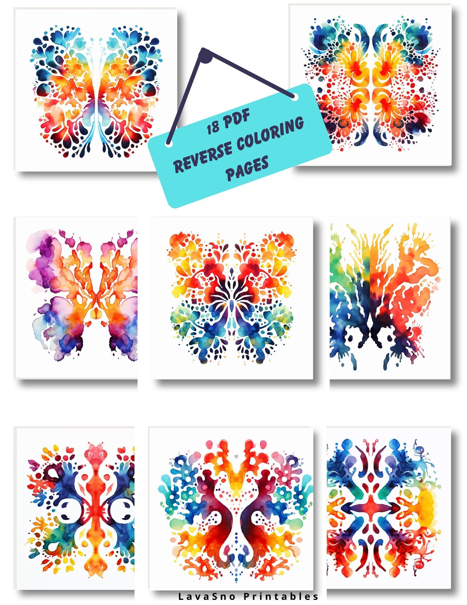 Reverse coloring pages backwards coloring book abstract watercolor rorschach creative mindfulness stress relief pdf digital download