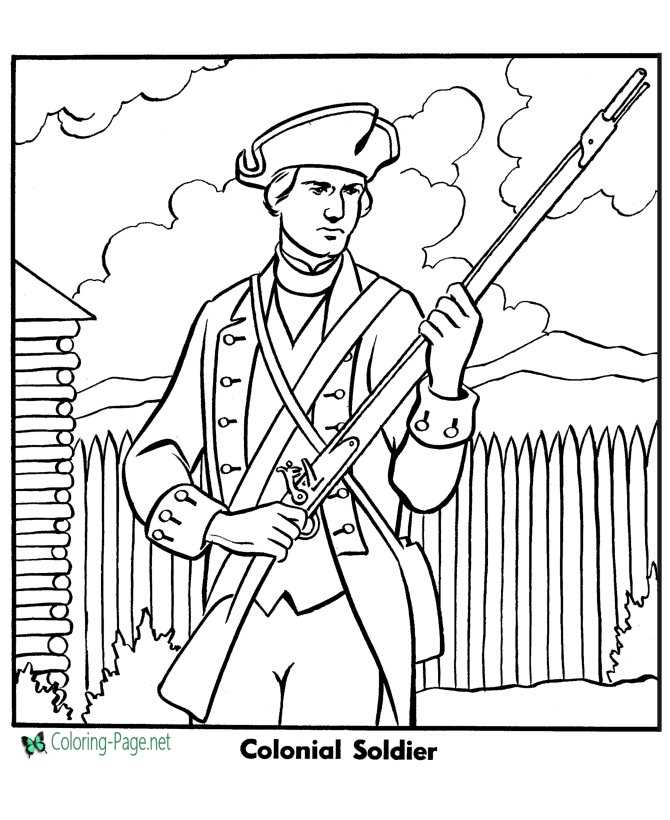 Colonial soldier armed forces coloring page