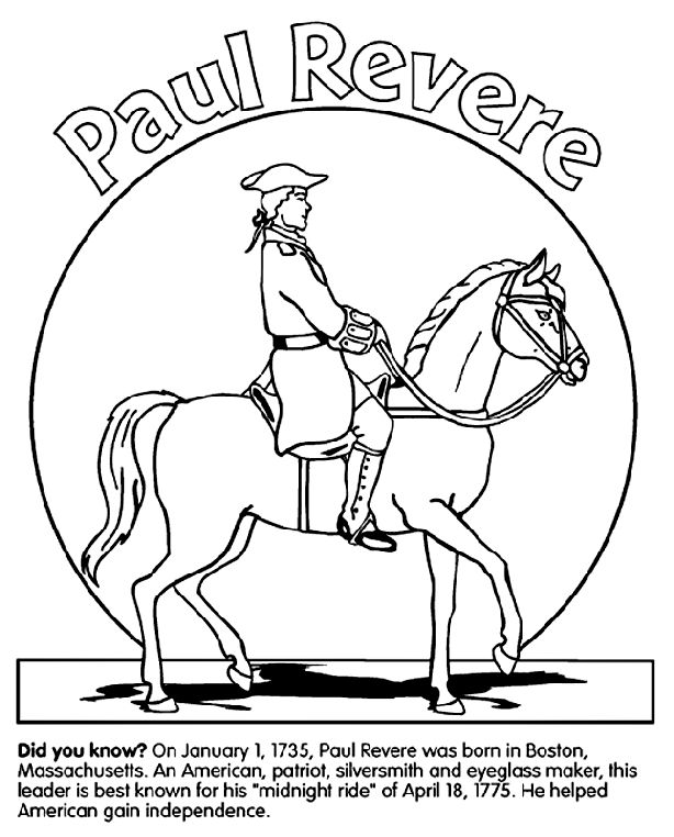 Use crayola crayons colored pencils or markers to color the picture of patriot paul revere did you know â paul revere paul reveres ride coloring pages