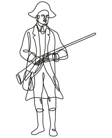 Continuous line drawing illustration of an american patriot revolutionary soldier with musket rifle front view done in mono line or doodle style in black and white on isolated background royalty free svg