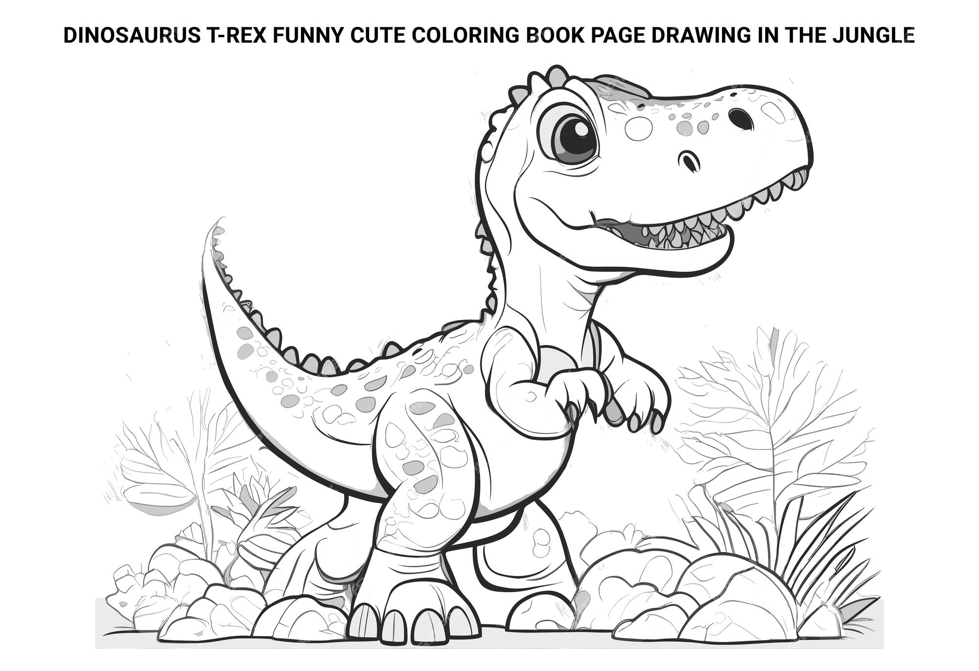 Premium vector dinosaurus trex funny cute coloring book page drawing in the jungle