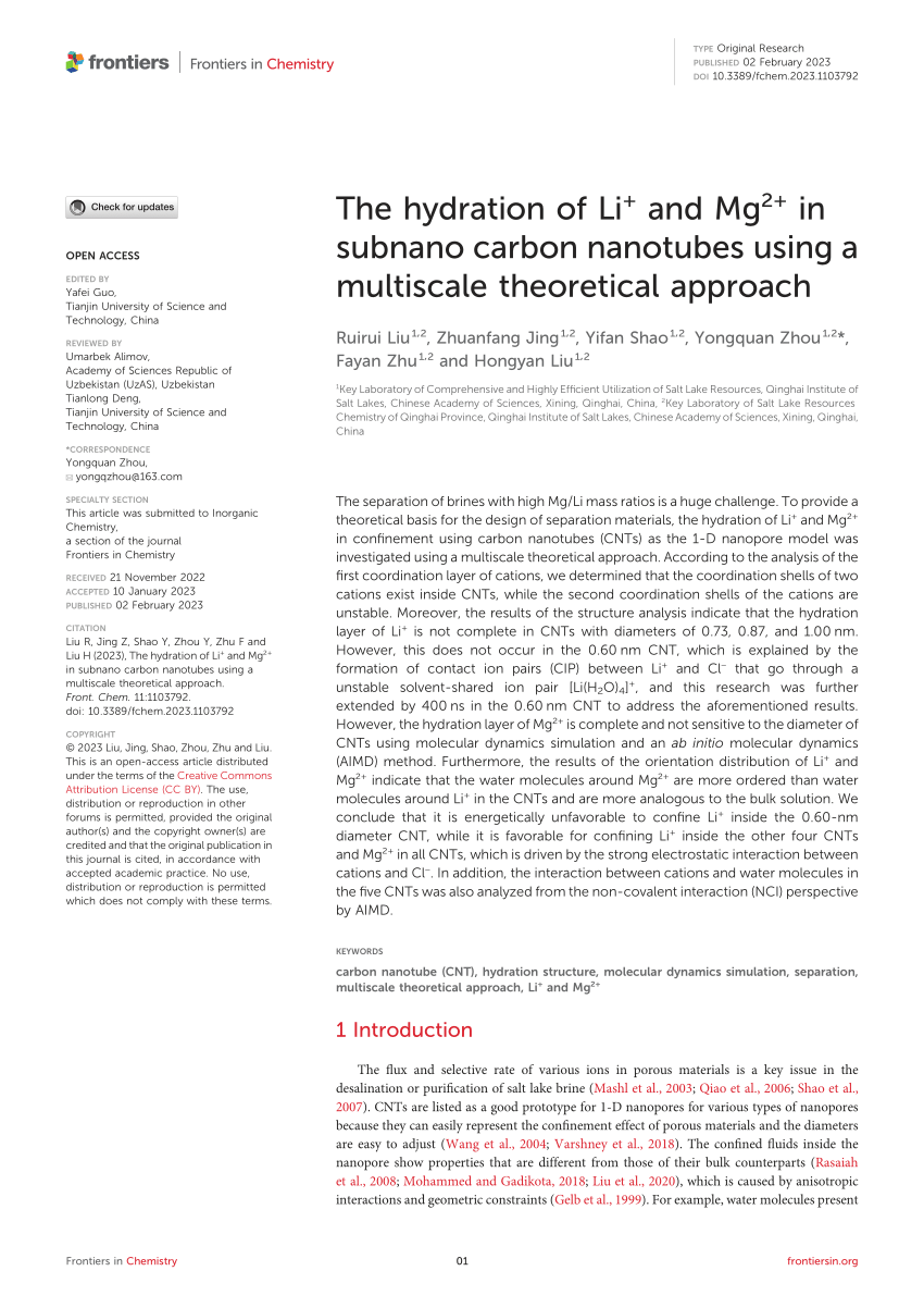 Pdf the hydration of li and mg in subnano carbon nanotubes using a multiscale theoretical approach