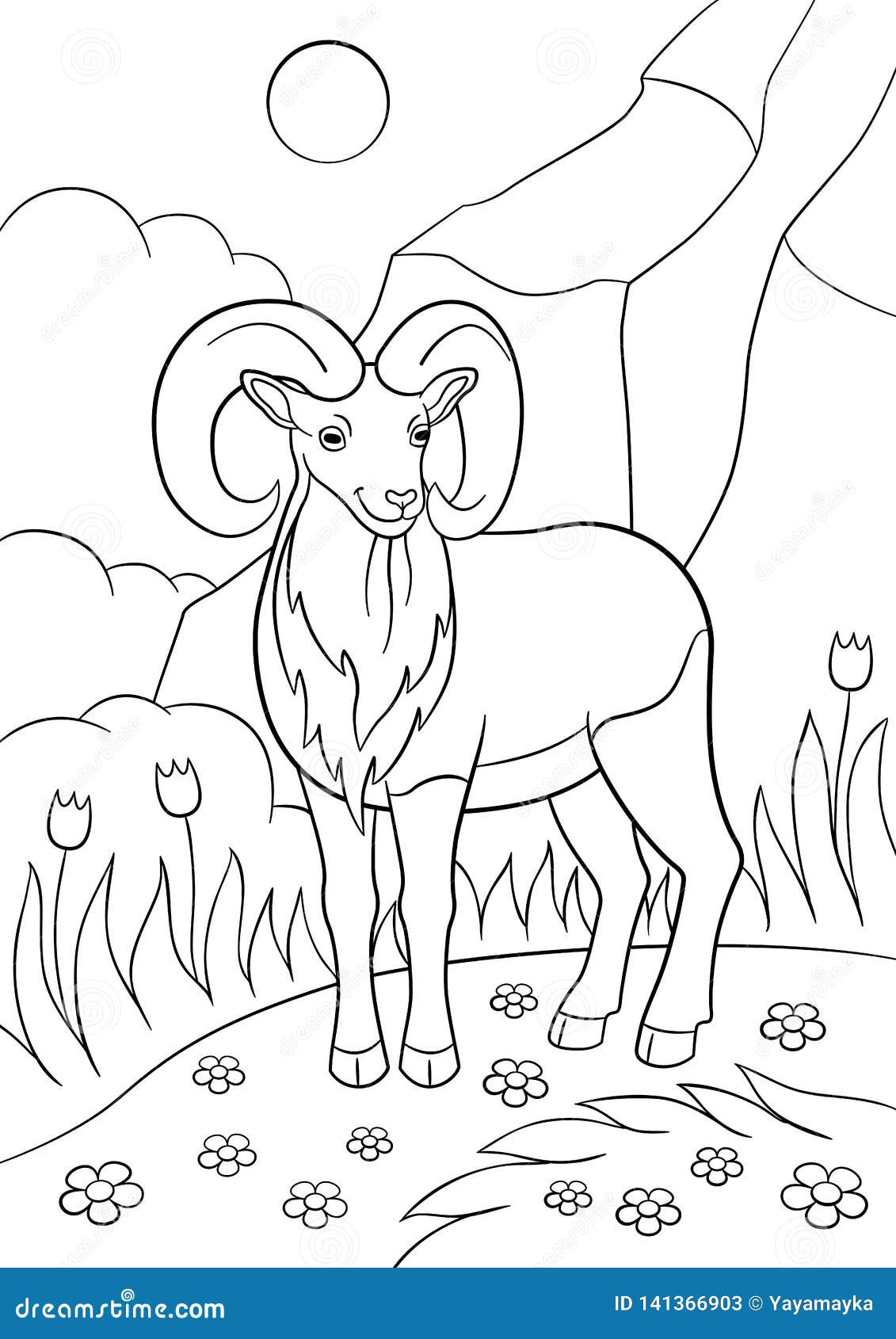 Coloring pages cute beautiful urial with great horns stock vector