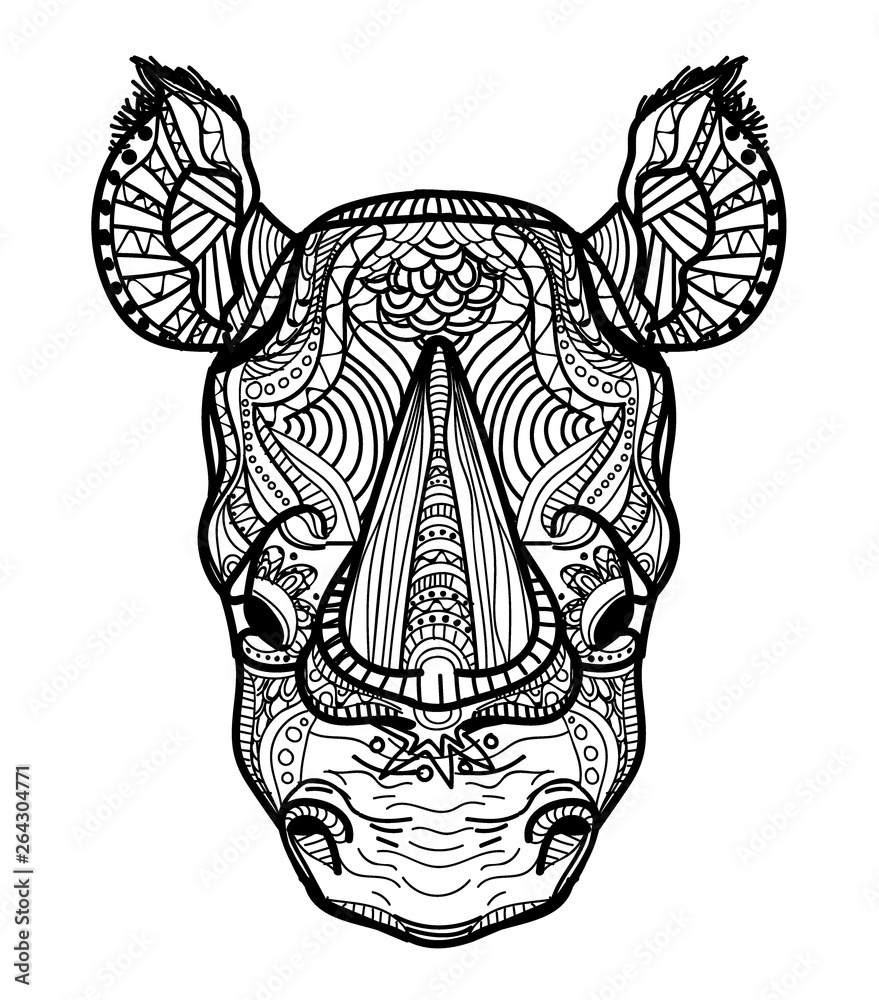 Vetor do the head of a rhinoceros meditation coloring of the mandala fluffy ears big horn on the nose drawing manually templates strips points arrows spots of watercolor paint spray print