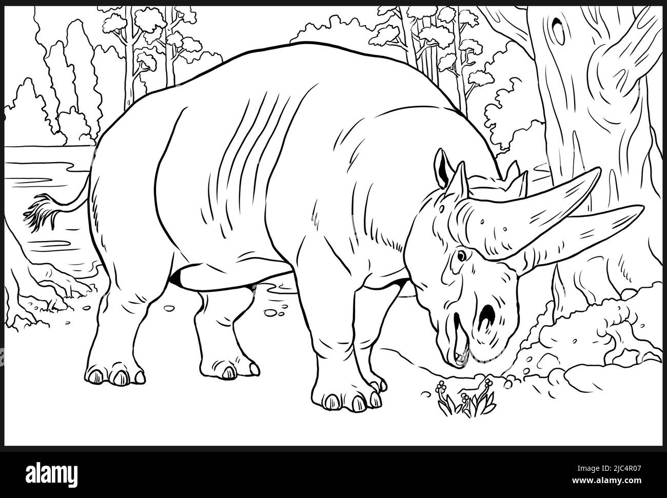 Prehistoric rhino arsinoitherium drawing with extinct mammals silhouette drawing for coloring book stock photo