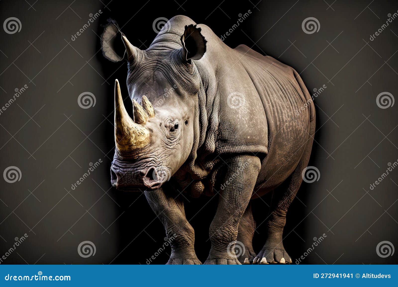 Wild rhinoceros with dangerous big horn over dark background stock illustration