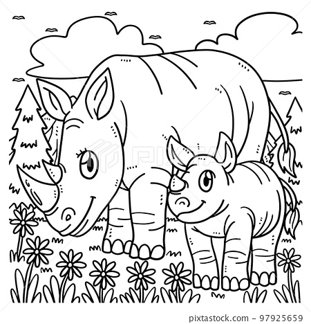 Mother rhino and baby rhino coloring page for kids