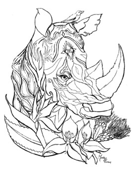 Rhinoceros coloring page with native flowers and foliage printable page