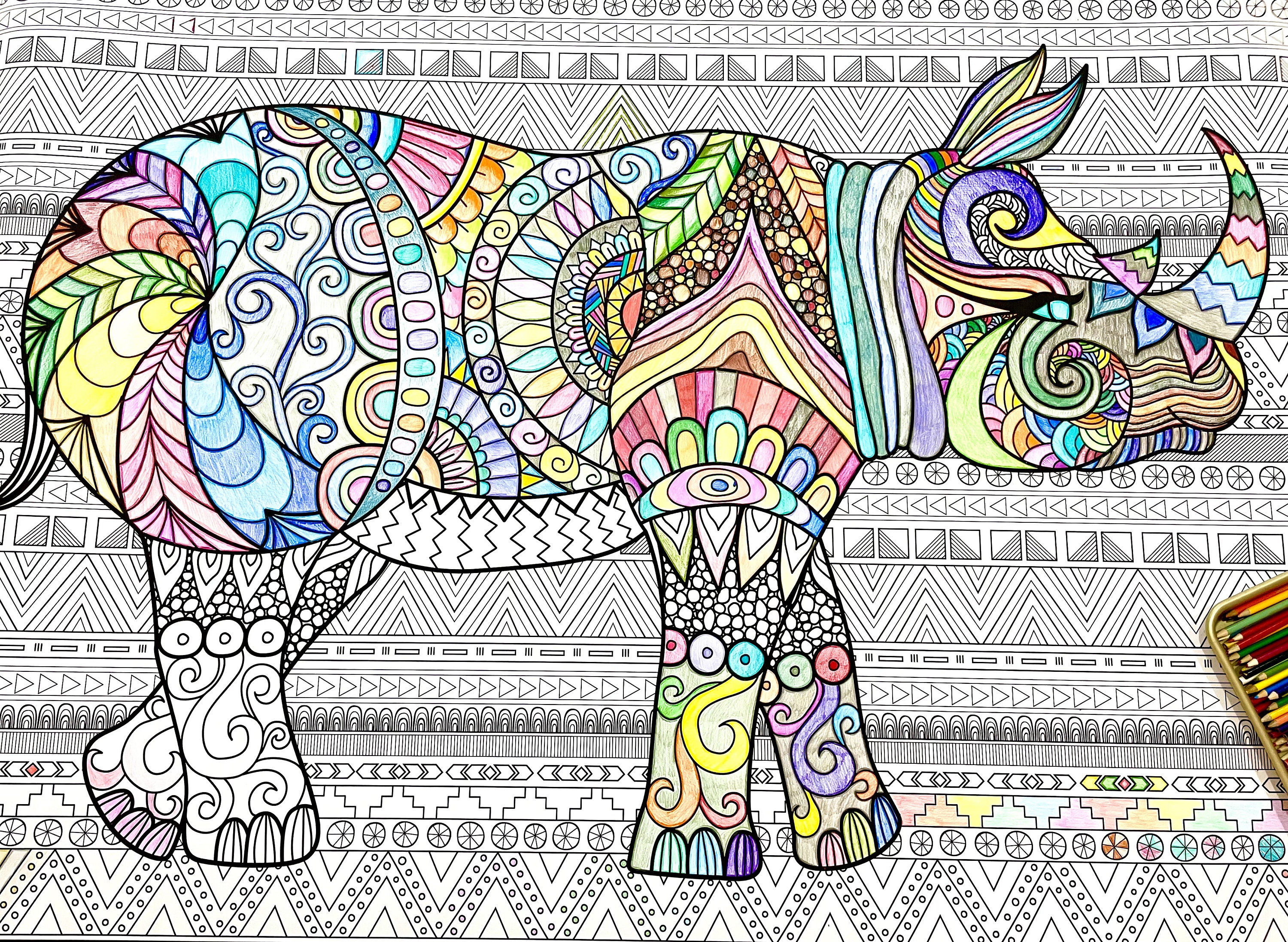 Rhino coloring page giant coloring sheet with name rhino coloring safari poster adult rhino gift for kids safari party activity