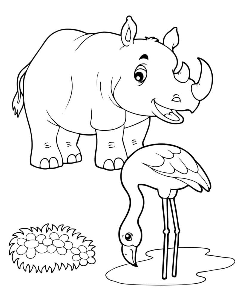 Flamingo and rhino coloring page