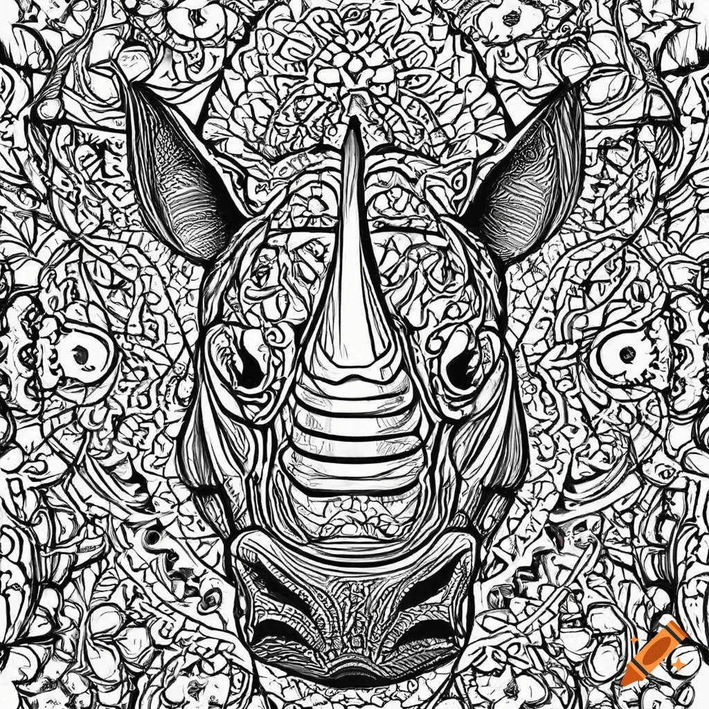 Coloring page for adults mandala rhino image white background minimilastic clean line art fine line art