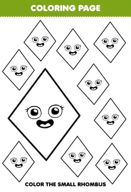 Premium vector education game for children coloring page big or small picture of geometric shape rhombus line art printable worksheet