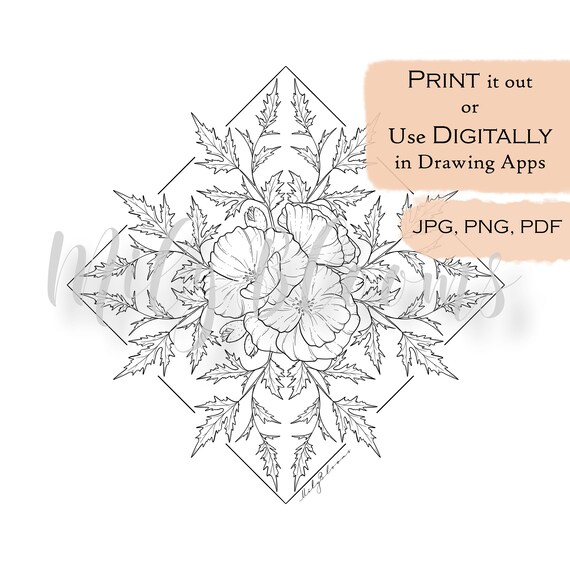 Printable and digital adults coloring page geometric floral rhombus poppy botanical digistamp with and without background