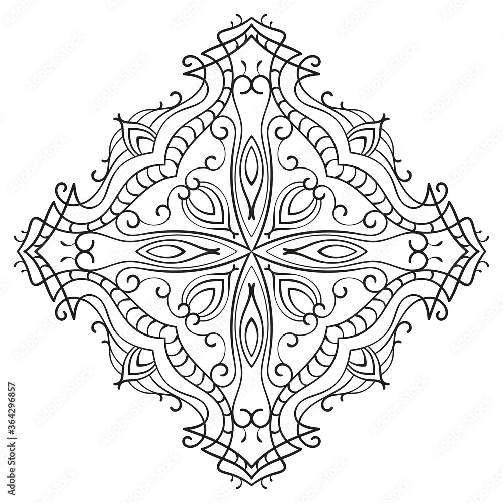 Rhombus ornamental mandala with cross in middle isolated design element for coloring book print on t