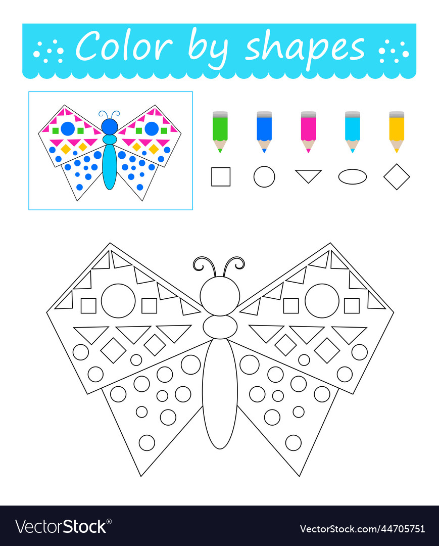 Coloring pages color by shapes cartoon butterfly vector image