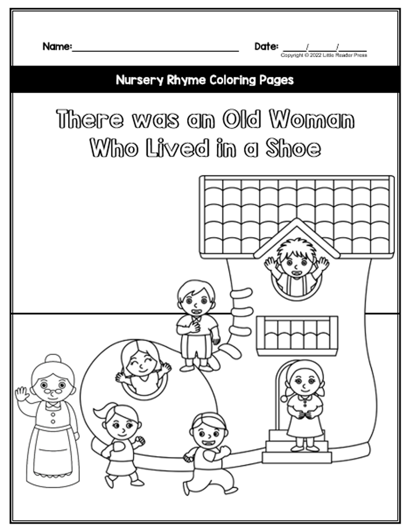 There was an old woman who lived in a shoe coloring book pages made by teachers