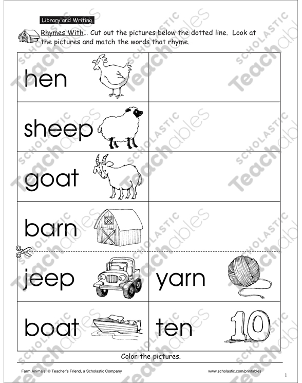 Farm animal words rhyming activity printable skills sheets