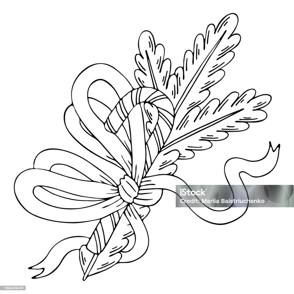 Christmas coloring page thin line art spruce branch ledinets cane satin ribbon bow hand drawn vector illustration isolated simple doodle element coloring book for children and adults stock illustration